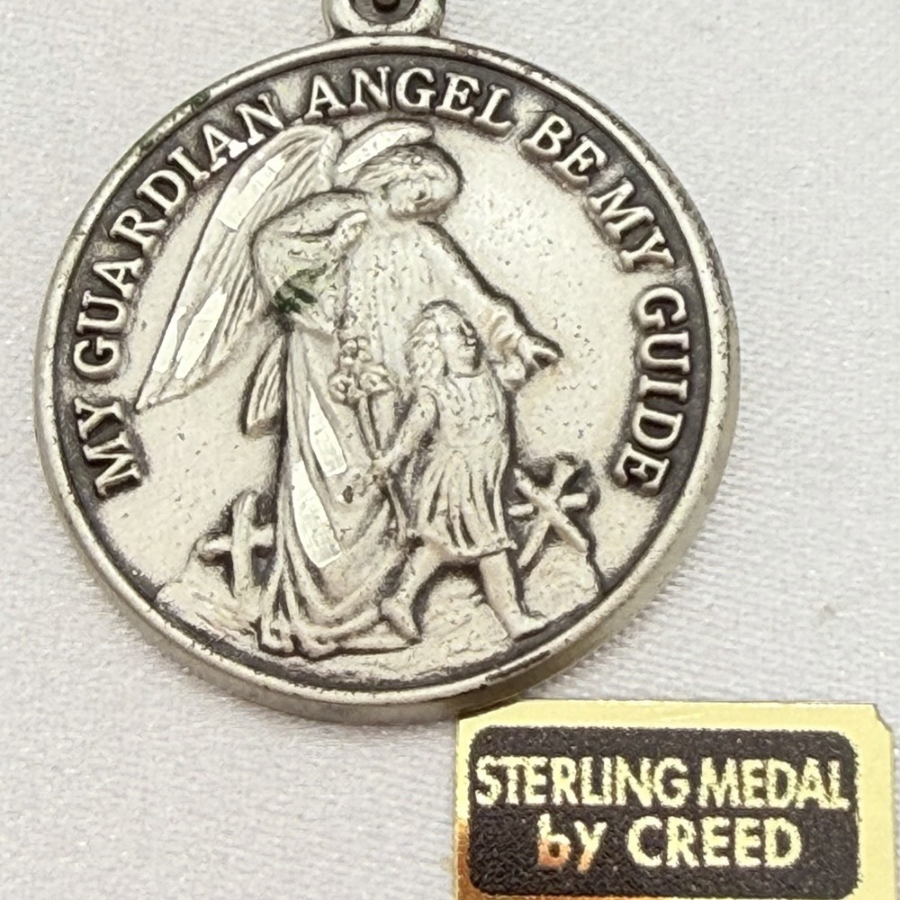 Vintage Creed Sterling Silver Medal Pendant Necklace Guardian Angel Be My Guide